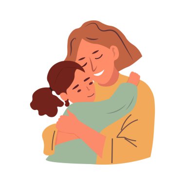 Anne-kız kucaklaşması. Anneler günü konsepti. Mutlu anne ve küçük kız, kucaklaşan çocuk. Vektör illüstrasyonu