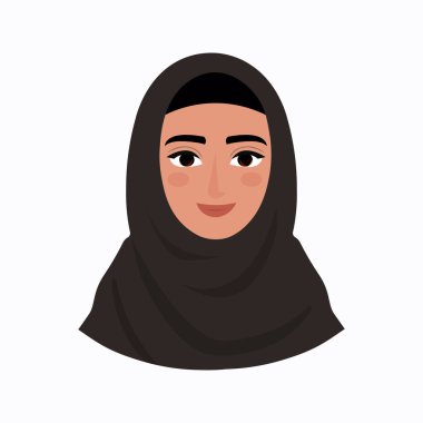 Arap kadın yüzü tesettüre bürünmüş. Müslüman kadın. Müslüman Avatar Kız. Düz bir Avatar simgesi. Eşarplı gülümseyen kız. İzole vektör illüstrasyonu