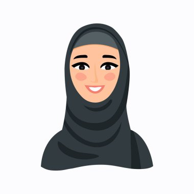 Arap kadın yüzü tesettüre bürünmüş. Müslüman kadın. Müslüman Avatar Kız. Düz bir Avatar simgesi. Eşarplı gülümseyen kız. İzole vektör illüstrasyonu