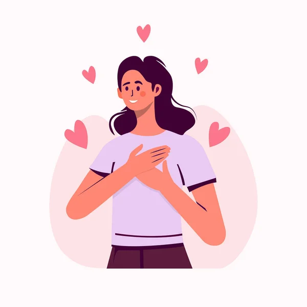 Woman Her Hands Her Chest Grateful Gesture Happy Calm Peaceful — Stock Vector