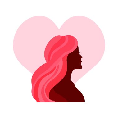 Genç kadın silueti ve kalbi. Kişisel bakım ve vücut pozitif konsept. Vektör illüstrasyonu.