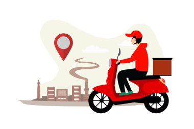 Fast food teslimat servisi, motosikletli kurye ya da GPS pizza teslimatı. Teslimat servisi, motosikletli kurye. Vektör illüstrasyonu