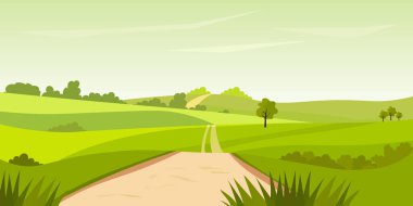 Çizgi filmlerdeki kırsal çayır manzarası, kırsal şeritten ufka uzanan yol çimenli ve ağaçlı yeşil çayırlar, yazlık tarım arazisi manzarası. Çiftlik alanı manzara vektör illüstrasyonu.