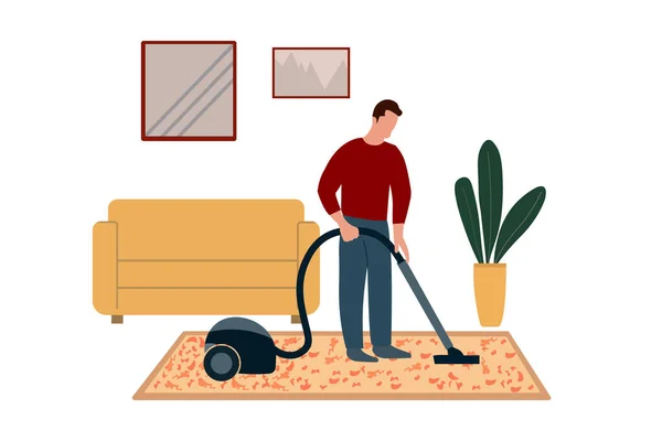 Männlicher Charakter Bei Der Hausarbeit Haushalt Person Reinigt Teppich Boden — Stockvektor