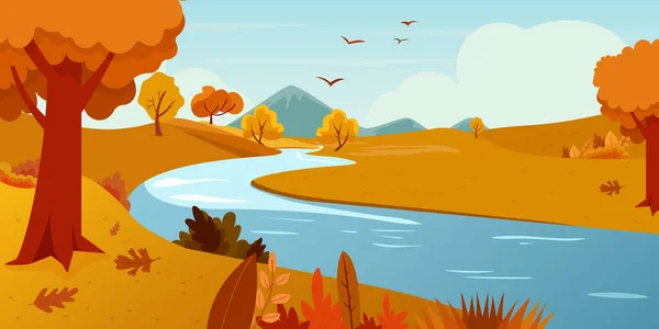 Nehir Suyu Akışı Dağ Sonbahar Manzarası Çizimi Ağaç Sahnesinden Düşen Telifsiz Stok Illüstrasyonlar