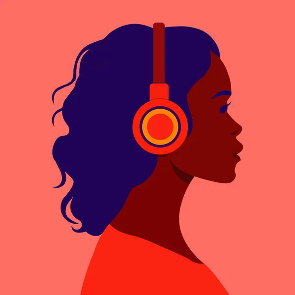 Mädchen Hört Musik Über Kopfhörer Musiktherapie Profil Einer Jungen Afrikanerin — Stockvektor
