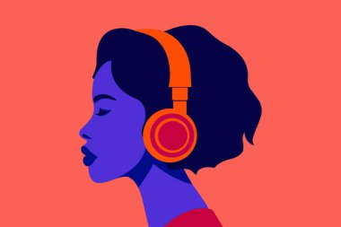 Kız kulaklıkla müzik dinliyor. Müzik terapisi. Genç bir Afrikalı kadının profili. Podcast, sesli kitap, radyo, meditasyon konsepti. Vektör düz resimleme
