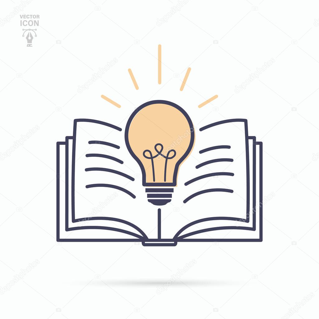 Open book with light bulb. Futuristic knowledge, inspiration, creative thinking concept. Isolated vector illustration.