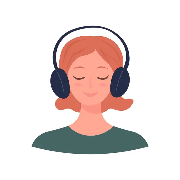 Mujer Con Auriculares Joven Mujer Sonriente Escuchando Música Pacíficamente Con — Vector de stock