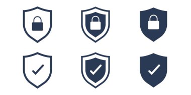 Kalkan simgesi asma kilit ve işaret ile ayarlandı. Koruma, güvenlik, şifre güvenlik konsepti. İzole vektör illüstrasyonu.