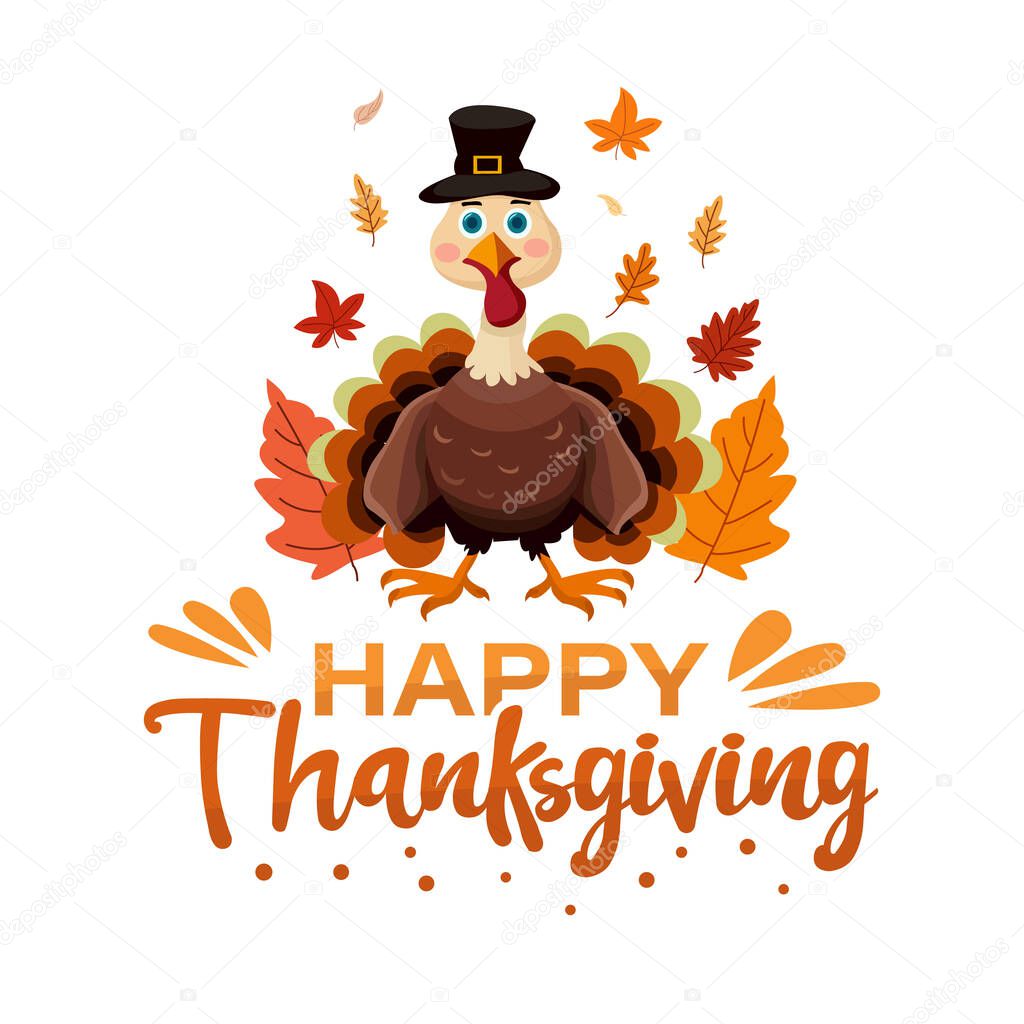 Happy Thanksgiving Calligraphy Text Celebration Design with Cartoon Turkey and Autumn Leaves. Vector Illustration.