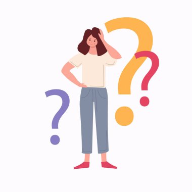 Young girl surrounded by a question mark. Vector illustration, Young woman doubts and questions everything. clipart