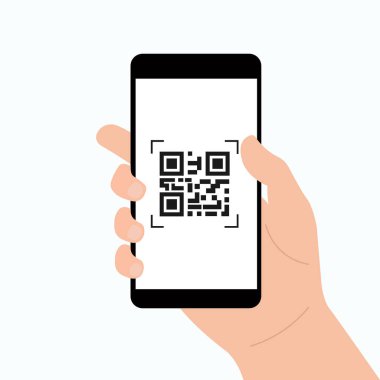 El ele tutuşan cep telefonu. QR kodu akıllı telefondan taranıyor. Ödeme için QR kodu. İzole vektör illüstrasyonu