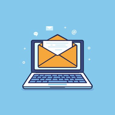 Ekranda zarflı dizüstü bilgisayar. E- posta bildirim konsepti. Vektör illüstrasyonu.