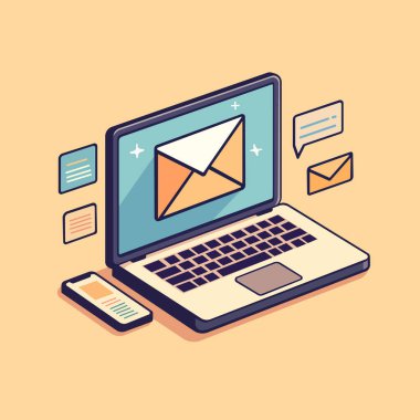 Ekranında zarf ve masada akıllı telefon olan dizüstü bilgisayar. E- posta bildirimi. E-posta pazarlama kavramları. Vektör illüstrasyonu.