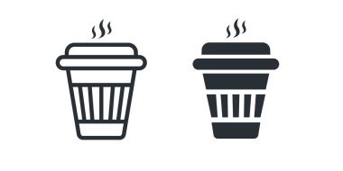 Kağıt kahve fincanı, sıcak kahve fincanı ve düz bir ikon. İzole vektör illüstrasyonu