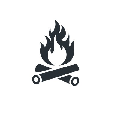 Kamp ateşi, tahta kütükler ve düz bir simgeyle yakıldı. Kamp gezisi. Vektör illüstrasyonu