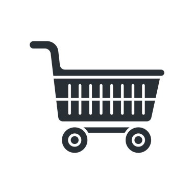 Tekerlekli alışveriş arabası ve düz sepet ikonu. Yiyecek alışverişi ve e-ticaret. İzole vektör illüstrasyonu