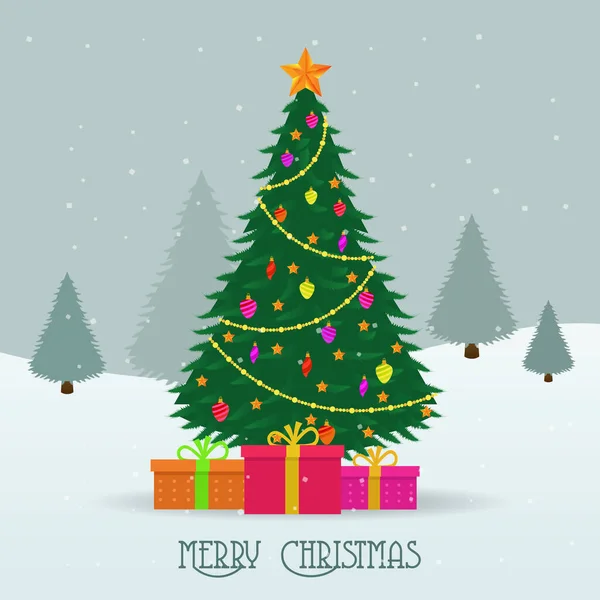 Buon Natale Grafica Piatta Con Albero Natale Sfondo Neve Illustrazione Stock