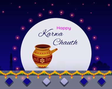 Vector illustration of Happy Karwa Chauth festival banner. Woman looking at moon after full day fast for long age of husband.