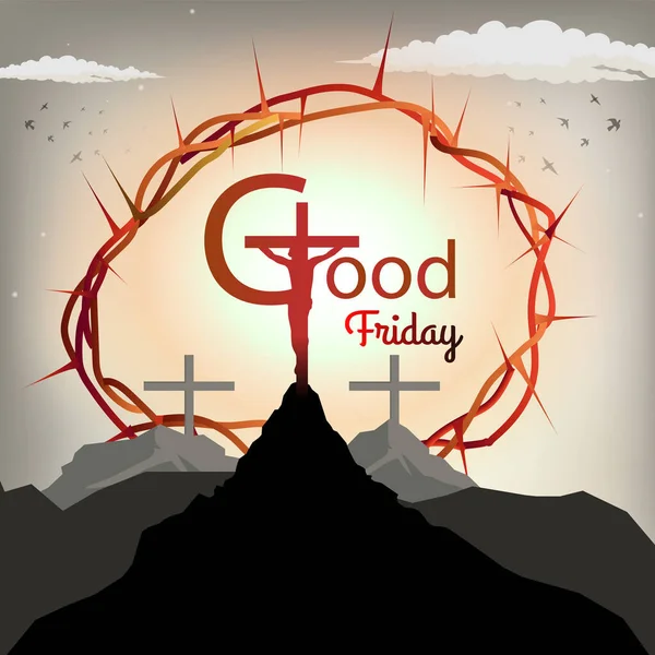 Good Friday banner design of Jesus Christ Crucifixion. Crown of thorns with Jesus cross.