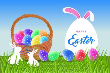 Easter egg hunt design with cute bunnies and colorful easter eggs with decorative spring season background.