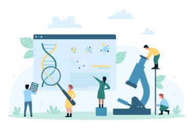 Genetik bilimsel araştırma ve vektör çizimi. Çizgi filmlerdeki küçük insanlar DNA 'ya büyüteçle bakıyorlar, bilim adamları genler, moleküller ve kromozom analizleri için laboratuvar mikroskobu kullanıyorlar.