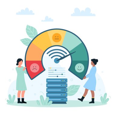 Yüksek hızlı geniş bant internet, ağ optimizasyon vektör çizimi. Çizgi filmlerdeki küçük insanlar hız göstergesi ve okla gösterge panelindeki wifi sinyalini hızlandırıyor, sağlayıcı hızındaki hızlı sinyali arttırıyor