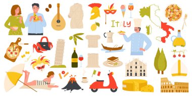 İtalya 'ya seyahat vektör illüstrasyonunu ayarla. Çizgi film, Venedik 'ten kırmızı şarap şişesi ve makarna, pizza ve gondol, tiramisu ve karnaval maskeli İtalyan sembolleri, simgeleri ve yemek koleksiyonunu izole etti.