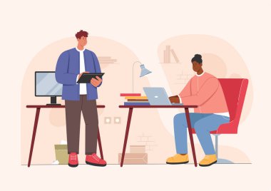 Çalışanlar, modern çalışma alanı çiziminde bilgisayar ve dizüstü bilgisayarla çalışırlar. Çizgi film meşgul profesyonel ofis çalışanı karakterler masada oturuyor ve birlikte çalışıyorlar.