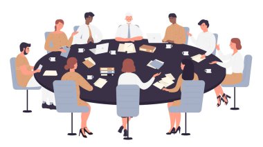İş toplantısı, iş görüşmesi, konferans, grup tartışması. Politikacılar, yönetmenler veya şirket liderleri müzakere, yuvarlak masa etrafında oturup fikir vektörü illüstrasyonunu tartışırlar..