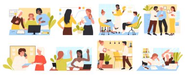 Ofis işleri ve insanların kahve molası vektör illüstrasyonunu ayarlar. Çizgi film yoğun profesyonel işçiler rahat iş yerinde toplanıyor, çalışanlar proje düşünüyor, çizelgeler üzerinde çalışıyor.