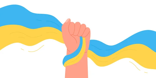 stock vector Raising hand with Ukraine Flag ribbon. Glory to Ukraine, Save Ukrainians, Stop War vector illustration