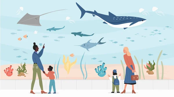 水族館のフラットベクトルイラストの子供 水族館で海の動物と水中の景色を見る人々 水中魚 水族館 海洋植物や動物 — ストックベクタ