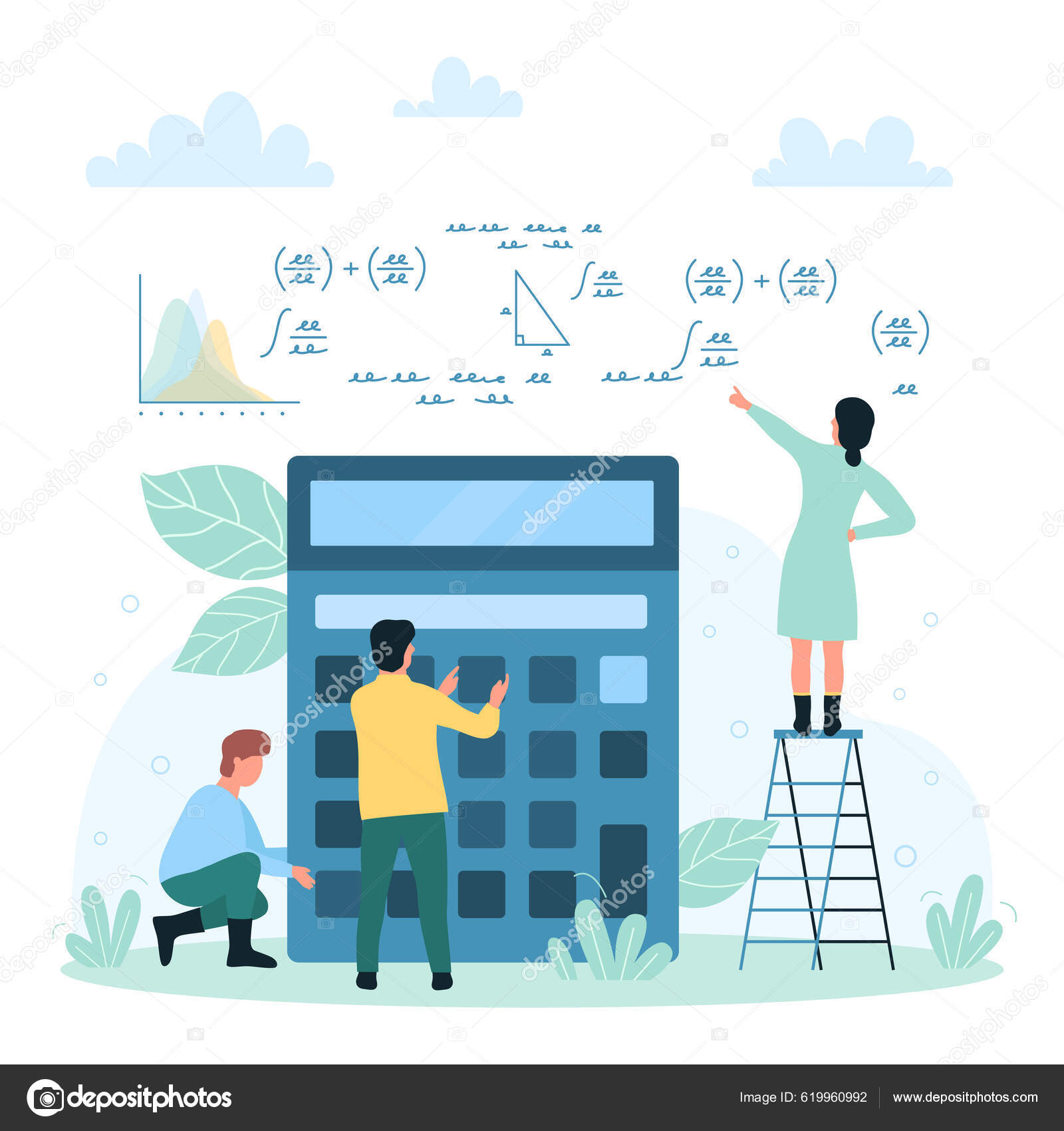 数学公式和计算数学或大学课程矢量图解小卡通学生学习代数三角和几何学人们用计算器做作业图库矢量图©flashvector 619960992