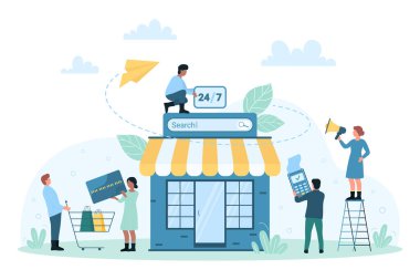 Çevrimiçi satış, ecommerce vektör illüstrasyonu. Çizgi filmlerdeki küçük insanlar kredi kartıyla sipariş verip alıyorlar, mobil mağaza uygulamalarıyla satın alıyorlar, müşteriler modern dijital pazarda ürünleri arıyorlar.