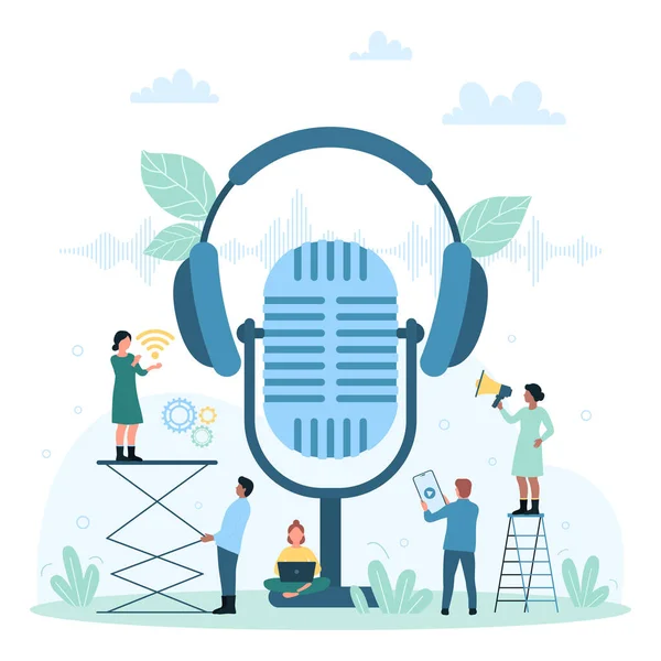 Εικονογράφηση Διανύσματος Ήχου Podcast Κινούμενα Σχέδια Μικροσκοπικά Άτομα Ηχογραφούν Ήχο — Διανυσματικό Αρχείο