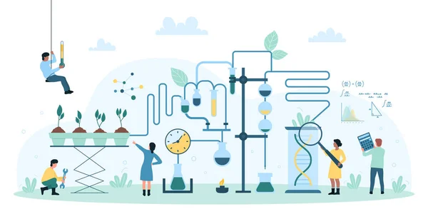 Biotechnologický Vědecký Výzkum Zemědělství Vektorové Ilustrace Malí Vědci Pěstují Rostliny — Stockový vektor