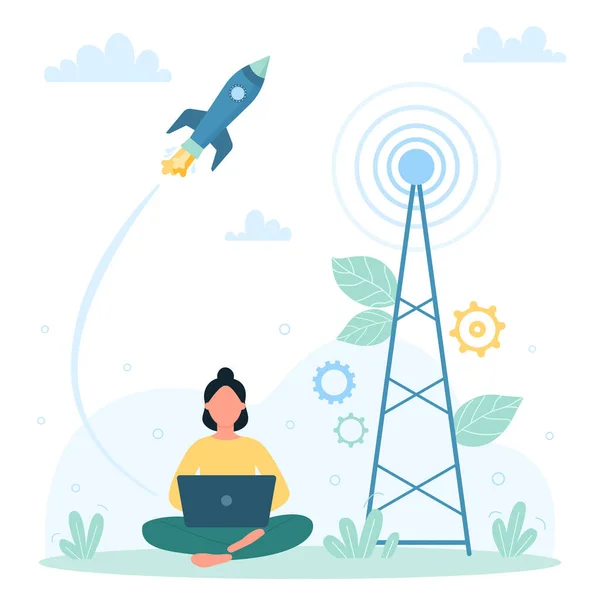 Fast Speed Internet Connection Vector Illustration Cartoon Tiny Woman Working — Stock Vector