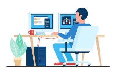 Ofisteki ya da işyerindeki adamın çevrimiçi çalışması, arka görüş vektör illüstrasyonu. Çizgi film çalışanı karakter elinde kahveyle bilgisayar monitörlerinde, programcıda ve geliştiricisinde çalışıyor.