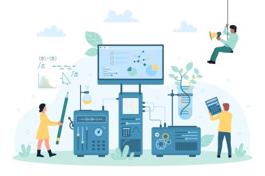 Bilim laboratuarı araştırma vektör çizimi. Çizgi filmdeki küçük bilim adamları molekülleri, DNA örneklerini ve yaprağı laboratuvar ekipmanları, bilimsel yazılımlar ve makineler, teknisyen analizi ve geliştirme ile inceliyorlar.