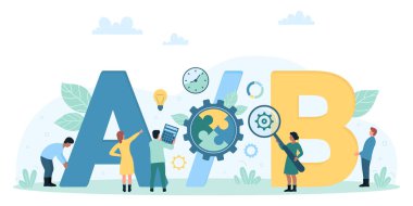 A B, test vektör illüstrasyonunu böldü. Çizgi filmlerdeki küçük insanlar iki sonucu karşılaştırır, kullanıcılar çalışır ve en iyi seçimi büyüteç ve hesap makinesiyle yaparlar. Karşılaştırma, optimizasyon, analitik kavram