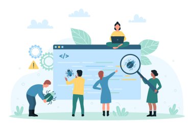 Hata raporu, yazılım vektör illüstrasyonunda hata. Çizgi filmlerdeki küçük testçiler dijital test sırasında bilgisayar kodlarındaki hataları büyüteçle inceliyor, programcılar mobil uygulamaları hata ayıklıyor ve analiz edemiyorlar.