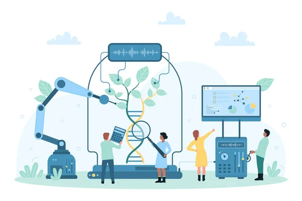 Biotechnologie Vektorová Ilustrace Futuristického Vědeckého Výzkumu Cartoon Drobní Lidé Inženýrství — Stockový vektor