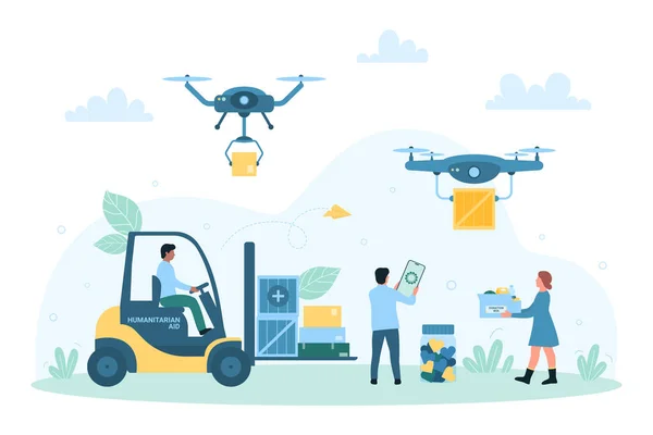 Entrega Ajuda Humanitária Por Drones Transporte Aéreo Automatizado Caixas Caridade —  Vetores de Stock