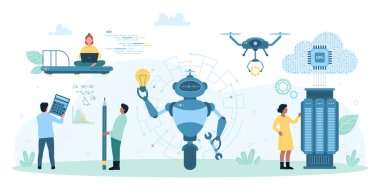 Yapay Zeka Sanal Merkezi Vektör Çizimi. Çizgi film robotu ampulü ve insansız hava aracı asistanını elinde tutuyor. Müşterilere yardım etmek için modern teknoloji hizmeti sunuyor. Çevrimiçi cevap arayan küçük insanlar.