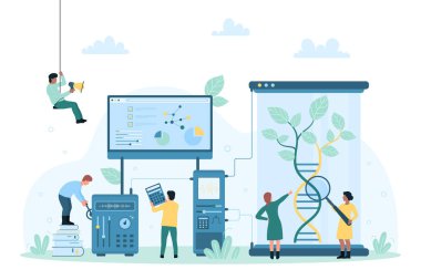 Bilimsel DNA araştırması, moleküler biyoloji ve biyoteknoloji vektör çizimi. Çizgi filmlerdeki küçük insanlar DNA sarmalındaki bitki büyüteçlerinden bakıp genetik testler için laboratuvar ekipmanları kullanıyorlar.