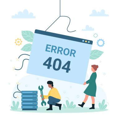 404 hatası, web sayfası vektör illüstrasyonu bulunamadı. Sunucu yazılımı ya da ağ sorununu düzeltmek ve tarayıcı mesajını 404 hatasıyla uyarmak için anahtar onarım aracı tutan çizgi film minicikleri