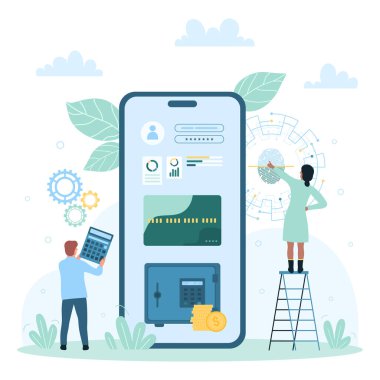 Mobil banka uygulaması vektör çizimi. Çizgi filmlerdeki küçük insanlar internetteki kredi kartıyla ödeme yapıp değiş tokuş ediyorlar. Karakterler akıllı telefondaki parmak tanıma sistemiyle hesabı açıyorlar.