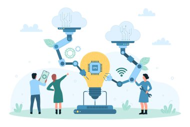Proje geliştirme vektör illüstrasyonu. Çizgi filmdeki küçük insanlar yaratıcı fikirler üretmek ve geliştirmek için makineler kullanırlar. Robot kolları ve manipülatörleri kontrol ederek ampulün içindeki işlemci devrelerini tamir ederler.